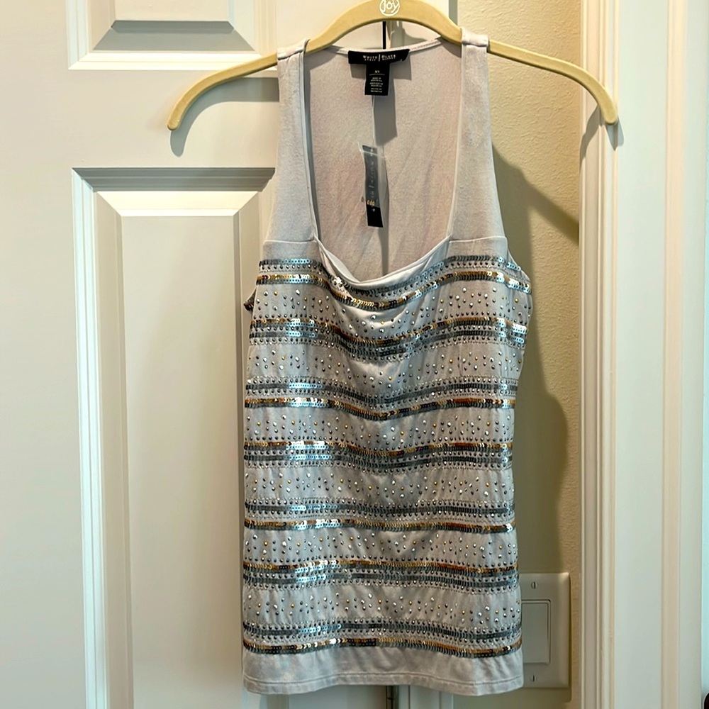 New $98 NWT WHBM XS sleeveless studs sequins gray silver gold shell tank top